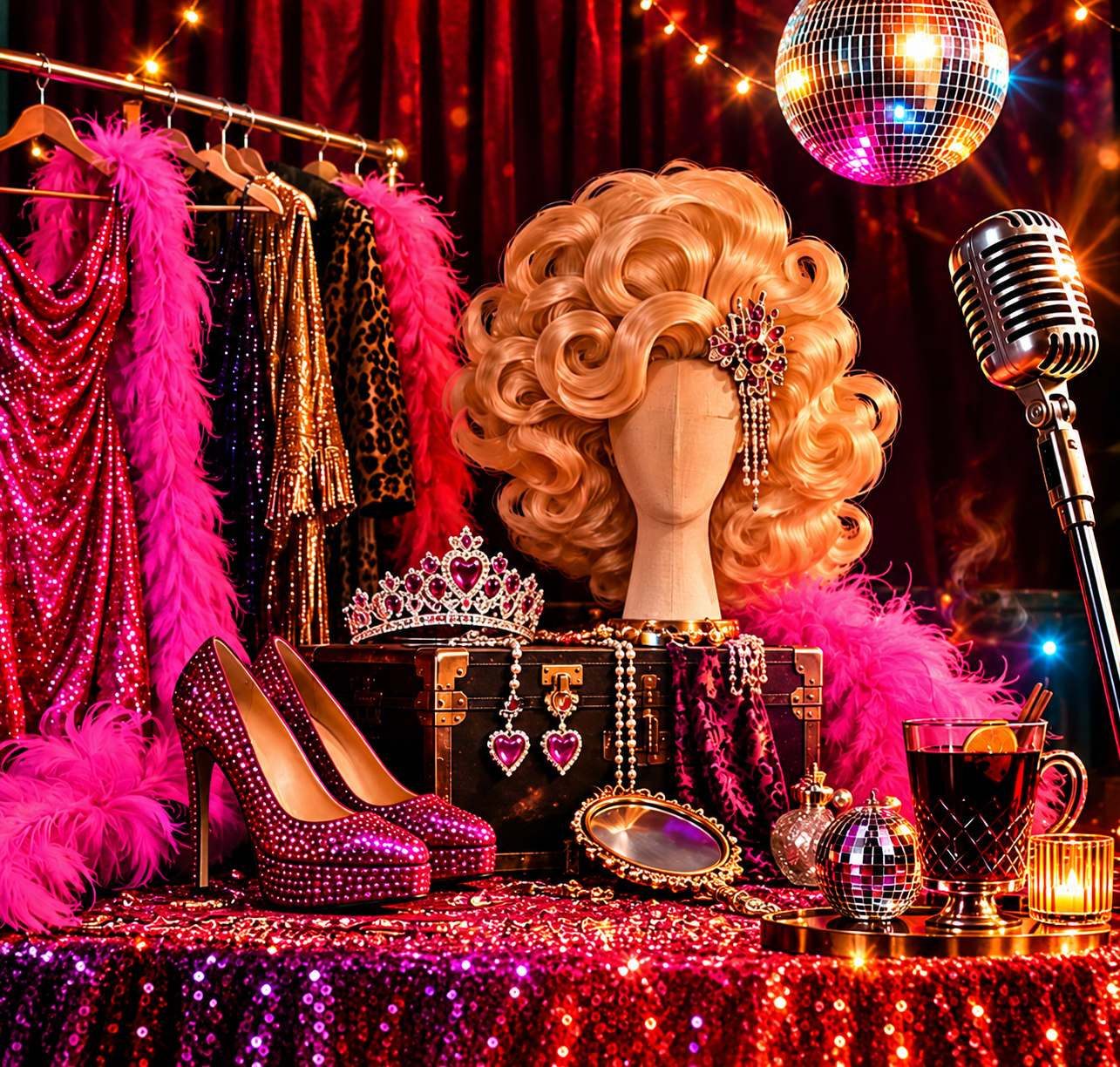 Perücke, glitzernde Schuhe, Mikrofon und Discokugel – retuschiertes AHA-Veranstaltungsmotiv.