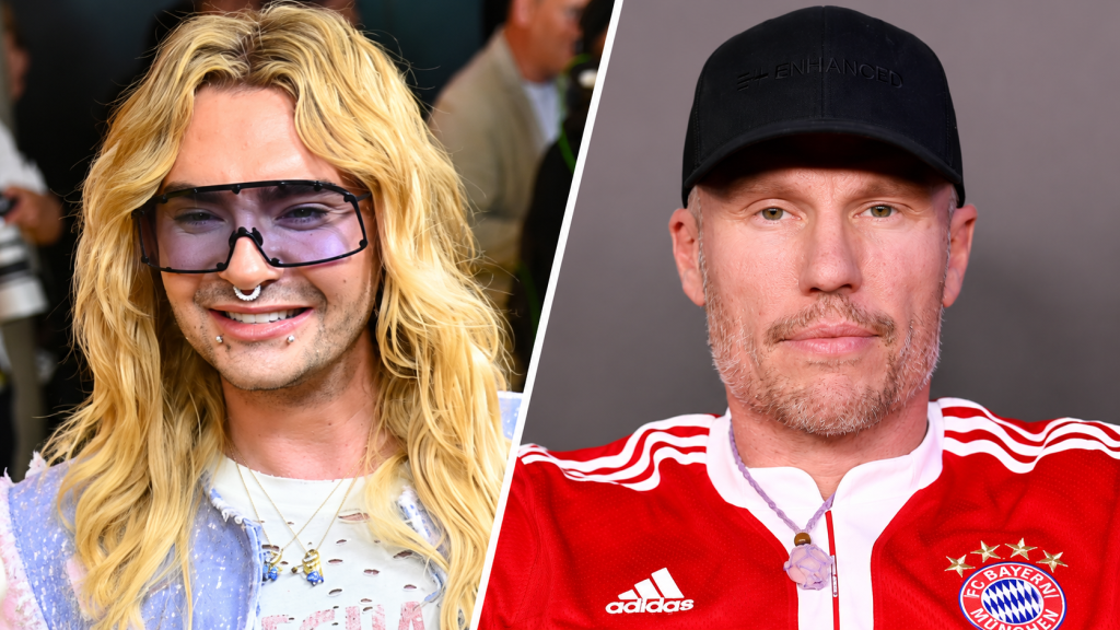 Porträtcollage: Bill Kaulitz links und Christian Lell rechts, durch eine weiße Diagonale getrennt.