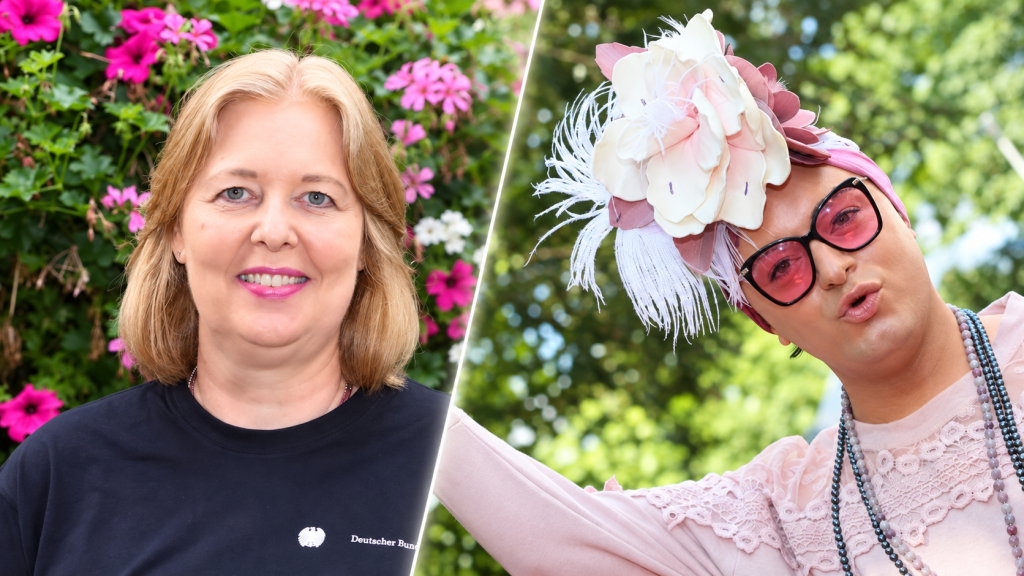 Fotomontage: Bärbel Bas links und Julian F. M. Stoeckel mit rosa Hut und Brille rechts.