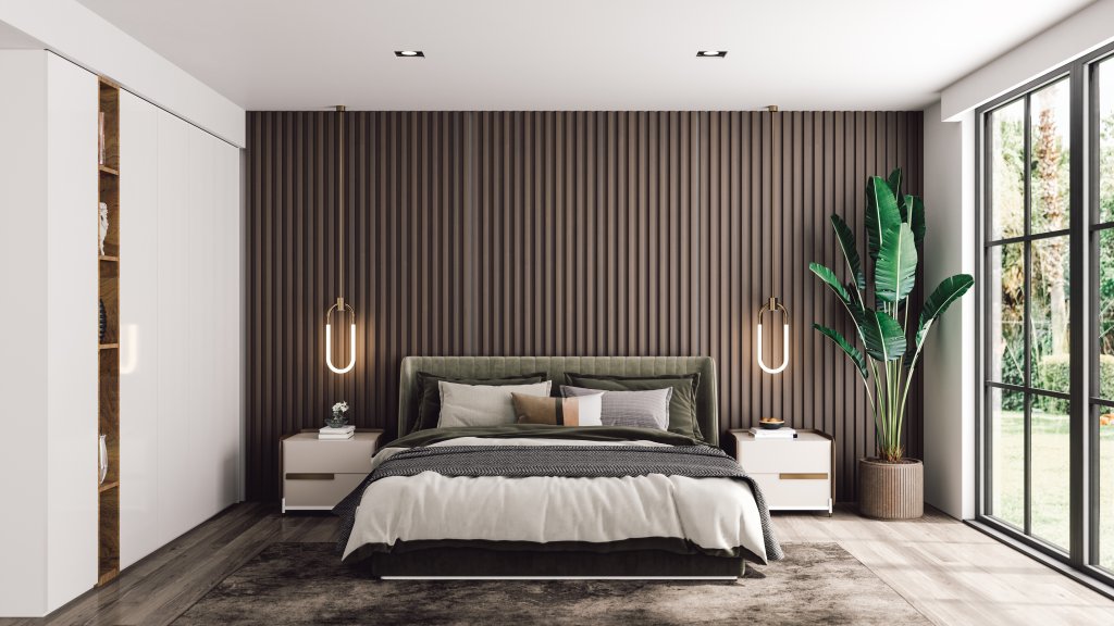 Modernes Schlafzimmer mit ruhigen Farben und stimmungsvoller Beleuchtung