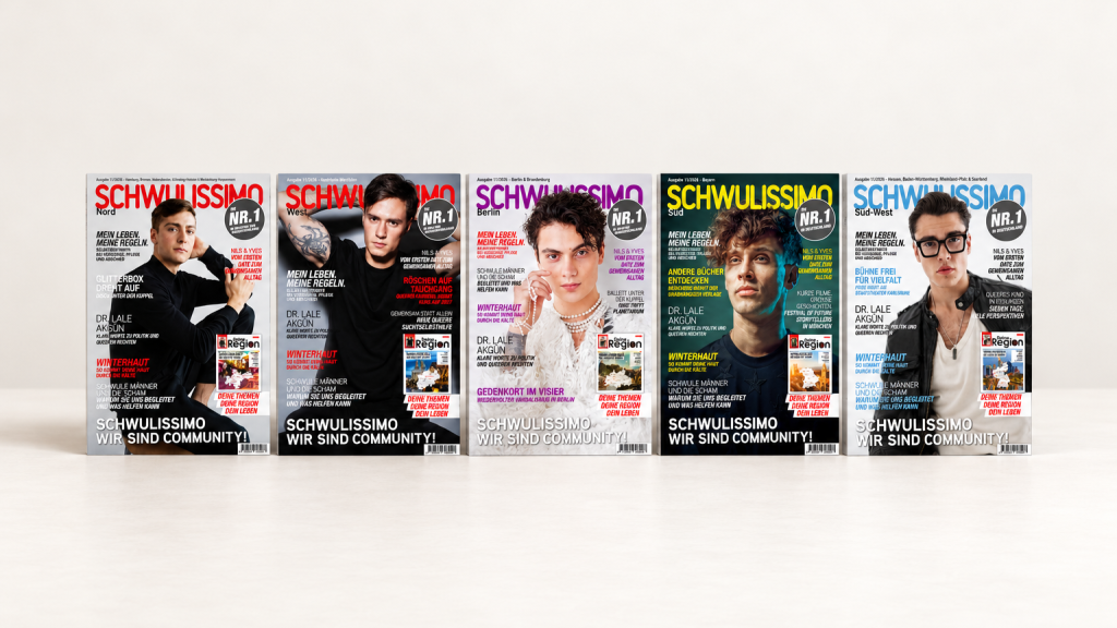 Die fünf SCHWULISSIMO-November-Cover 2026 für Nord, West, Berlin, Süd und Süd-West als vollständige Magazinmontage.