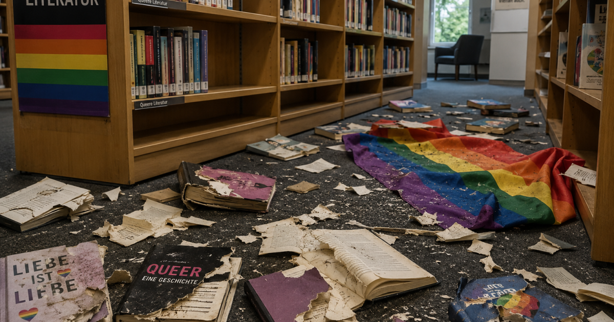 Varios libros con temas LGBTIQ+ destruidos en la biblioteca.