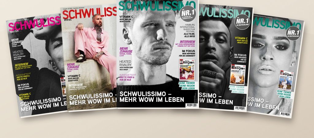 Die fünf SCHWULISSIMO-Cover Oktober 2026 für Nord, West, Berlin, Süd und Südwest als Magazinmontage.