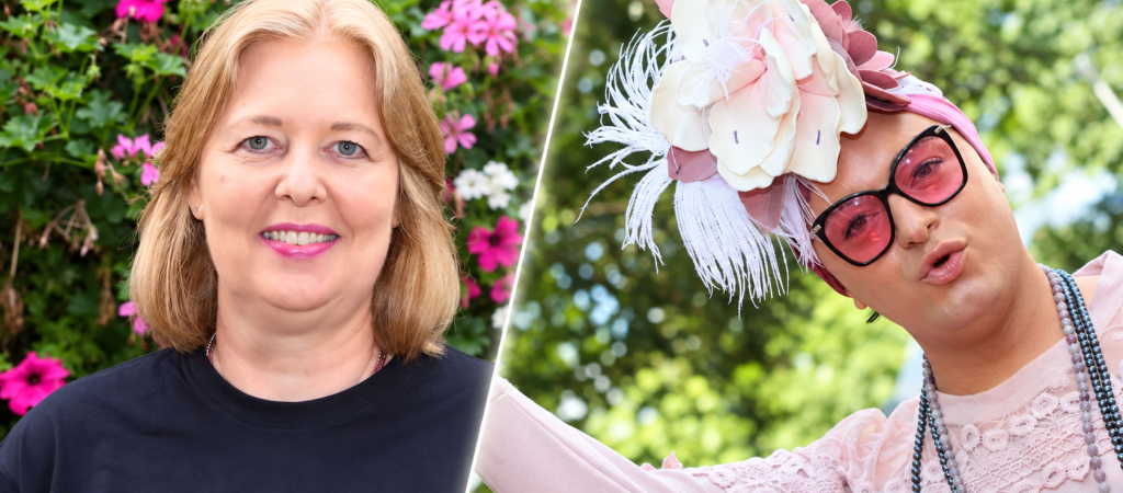 Fotomontage: Bärbel Bas links und Julian F. M. Stoeckel mit rosa Hut und Brille rechts.