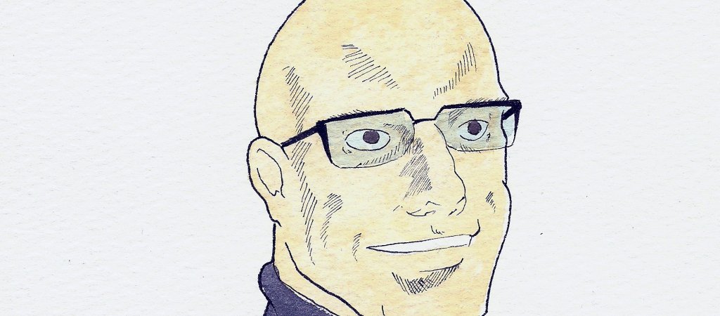 Porträtzeichnung von Michel Foucault mit Brille und Rollkragenpullover