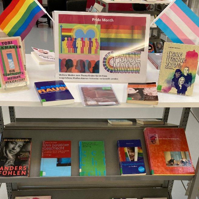 Queerer Büchertisch in einer Bücherei