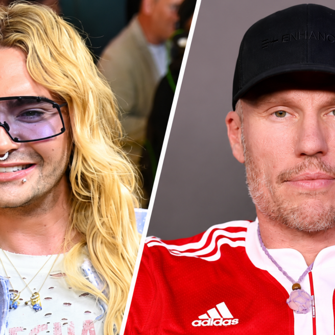 Porträtcollage: Bill Kaulitz links und Christian Lell rechts, durch eine weiße Diagonale getrennt.