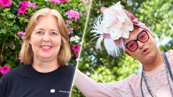 Fotomontage: Bärbel Bas links und Julian F. M. Stoeckel mit rosa Hut und Brille rechts.