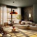 Wohnzimmer mit Sofa, Holztisch und warmen Naturfarben