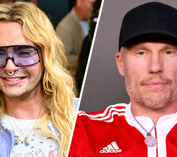 Porträtcollage: Bill Kaulitz links und Christian Lell rechts, durch eine weiße Diagonale getrennt.