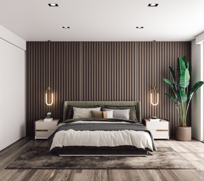 Modernes Schlafzimmer mit ruhigen Farben und stimmungsvoller Beleuchtung