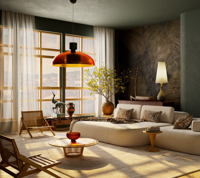 Wohnzimmer mit Sofa, Holztisch und warmen Naturfarben